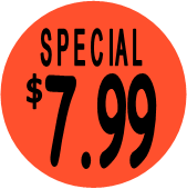 "$7.99 w/SPECIAL heading" Price Sticker / Labels with 500 large 1-1/8" Round (Red) labels  per roll from $5.59* EA in 5 Pack.